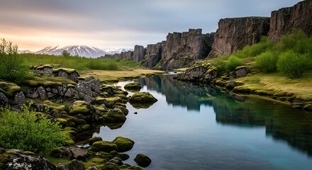 A serene landscape showcases a river winding between imposing cliffs, with mossy rocks and vibrant greenery along the banks, beneath a cloudy sky