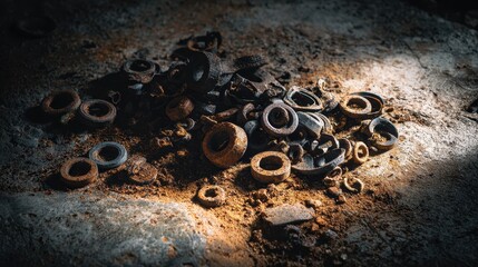 Abandoned Tire Pile Illuminated by Dramatic Sunlight, Textured Ground, Dark Mood.