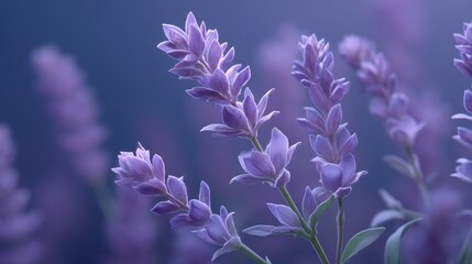 Obraz premium Delicate Lavender Flowers Blooming in Soft Focus with a Mystical Purple Background Capturing Natural Beauty and Serenity in Nature