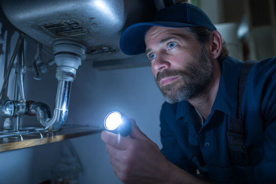 A plumber inspecting pipes under a kitchen sink using a flashlight and professional tools for repairs.