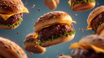 A variety of tasty hamburgers are suspended in the air showcasing layers of cheese lettuce and a juicy patty against a vivid blue backdrop. Perfect for food lovers and ads.