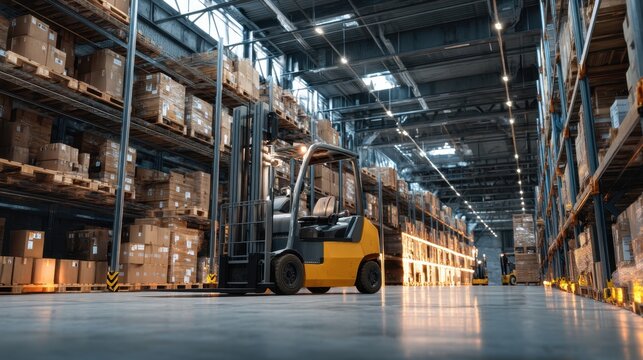 A forklift operates inside a spacious warehouse transporting boxes between tall shelves filled with packages. Natural light streams in through windows.