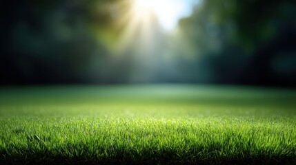 Fototapeta premium Fresh Green Grass on Soft Ground Under a Bright Sunlight in a Peaceful Natural Setting with Blurred Background of Trees and Greenery