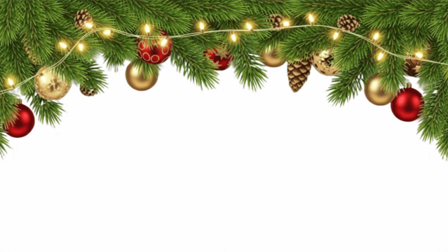 Photorealistic Christmas border with lush green pine branches, warm glowing fairy lights, red berries, and pinecones on white background, top and bottom frame with copy space, festive holiday decorati