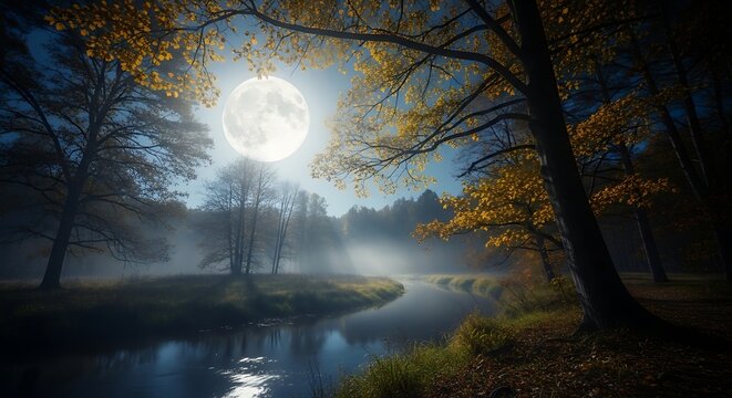 A serene moonlit scene of a meandering river through a forest during the autumn season. Foliage glows with yellow, trees are in mist - Powered by Adobe