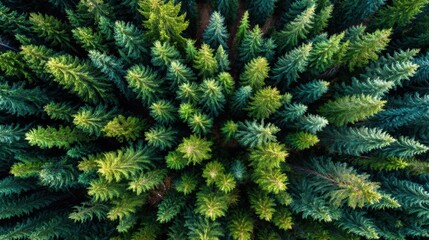 Aerial View of Lush Evergreen Forest with Dense Green Foliage Under Bright Sunny Sky Showcasing Natural Landscape and Serenity