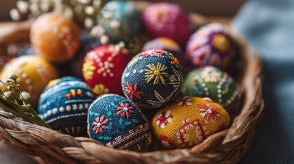 Fototapeta premium A woven basket holds vibrant intricately designed eggs each featuring floral patterns. The scene is set on a rustic wooden table enhancing the festive atmosphere.