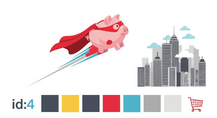 A superhero piggy bank with a red cape flies towards a cityscape, representing financial success and saving money in a modern urban environment with a white background.