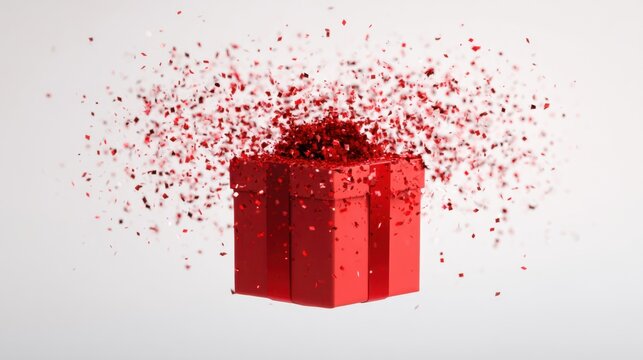 A vibrant red gift box bursts open releasing a shower of sparkling confetti into the air. This scene captures the joy of celebrations and surprises during special occasions.