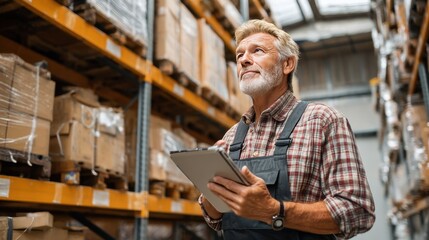 A worker in a warehouse stands between stacked boxes looking up thoughtfully while holding a clipboard. The setting is well lit and organized indicating ongoing inventory management.