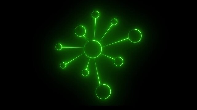 Glowing neon topology icon on black background. Animation of glowing neon Molecule model. Or global inter net connection icon animation.