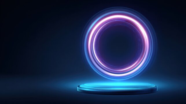 Futuristic glowing circle with vibrant neon colors on a dark background, showcasing technological design and innovation in a three-dimensional space