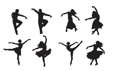 Fototapeta premium Silhouette collection of dancers in various poses against a white background