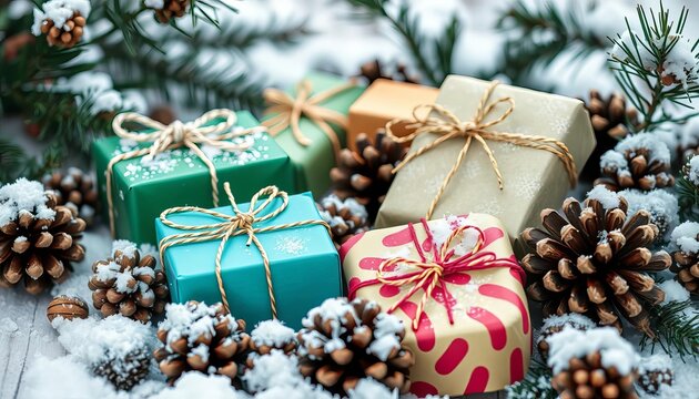 Wrapped presents nestled amongst pine cones and a dusting of snow,   wrapping paper,  nature
