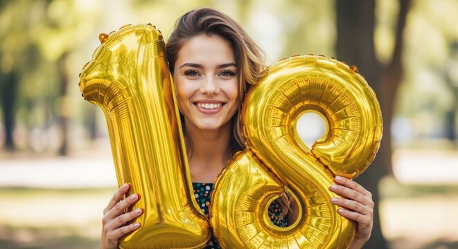 Cheerful young woman celebrating eighteenth birthday with golden balloons