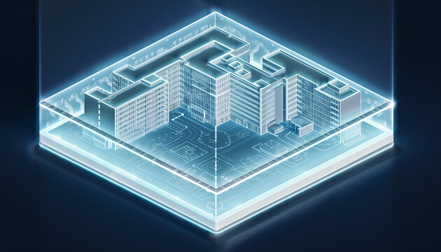 Digital City Blueprint: A futuristic and high-tech representation of a modern city, rendered in glowing blue lines, reveals the intricate details of its infrastructure and design.