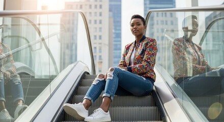 Urban contemplation: A young woman pauses on a city escalator for reflection