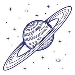 Stylized illustration of a ringed planet with stars and moons in a cosmic background © bbbb