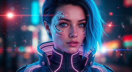 Futuristic woman portrait with neon accents in a vibrant cityscape
