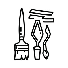 Art tools icon set featuring a paintbrush, palette knives, and paint strokes for creative projects