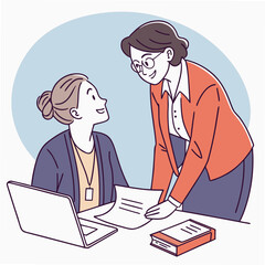 Two women collaborating at a desk with a laptop and documents discussing work in a friendly atmosphere