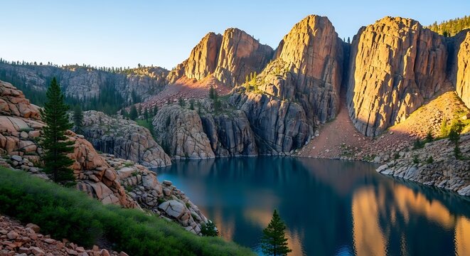 A serene mountain lake reflects the towering cliffs under a bright sky. The rocky terrain surrounds the calm water's edge - Powered by Adobe