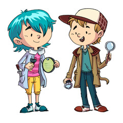 Boy detective and girl scientist, isolated drawing