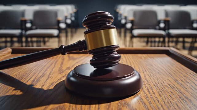 Wooden gavel resting on a wooden table in an empty courtroom with blurred chairs visible in the background The scene shows a close-up of the gavel and its base suggesting legal proceedings or judicial