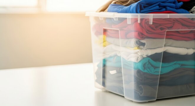 Stack of colorful folded clothes in plastic storage container