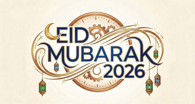 Elegant eid mubarak design with clock crescent moon and decorative lanterns - Powered by Adobe