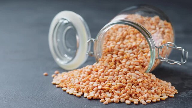 dry yellow peas spill out of a glass storage jar on a dark kitchen table. Raw dried peas are scattered out of glass jar.