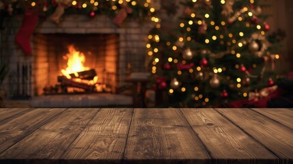 Cozy Christmas Setting with Wooden Table, Glowing Fireplace, and Decorated Christmas Tree for Festive Atmosphere