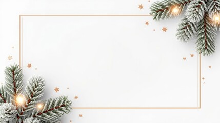 Elegant Christmas Frame with Snowy Pine Branches Lights Festive Decorative Background for Holiday Greetings Winter Celebration