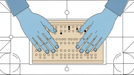 A flat vector illustration showing hands placed on a Braille text panel in a simplified minimal style.