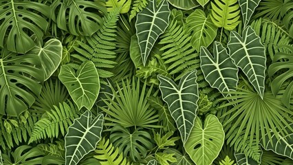 Lush Green Tropical Leaves Dense Foliage Decorative Jungle Background
