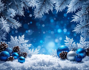 Dramatic icy blue winter background (AI-generated). Thick frost, sharp silver ornaments, and deep blue bokeh create a fierce winter scene. High contrast copy space for bold seasonal messages