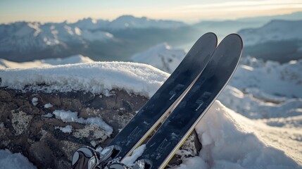 Pair of skis on snow-covered mountain peak with scenic winter landscape background and distant snowy peaks under clear sky, perfect for winter sports, outdoor adventure, holiday travel