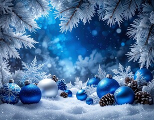 Dramatic icy blue winter background (AI-generated). Thick frost, sharp silver ornaments, and deep blue bokeh create a fierce winter scene. High contrast copy space for bold seasonal messages
