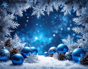 Dramatic icy blue winter background (AI-generated). Thick frost, sharp silver ornaments, and deep blue bokeh create a fierce winter scene. High contrast copy space for bold seasonal messages