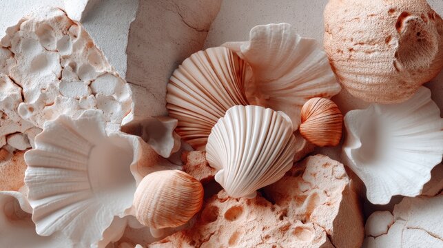 Natural Marine Elements Featuring Various Sea Shells, Coral Fragments, and Textured Stones Perfect for Coastal, Beach, or Ocean-Themed Projects