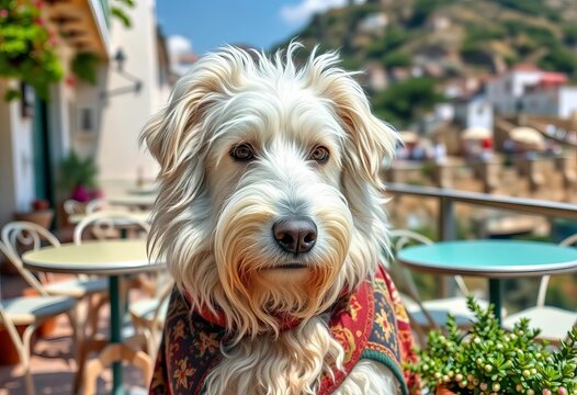 Adorable Maremmano Abruzzese sheepdog, huge white, cafe terrace, shawl,  dog, Italian cafe
