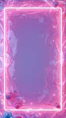 Neon Frame with Festive Ornaments and Snowflakes on Pink Background, Holiday Celebration Design, Abstract Winter Theme Decoration