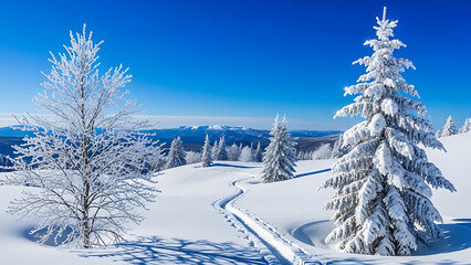 Snow covered evergreen trees on a sunny winter day with a clear blue sky and distant mountains