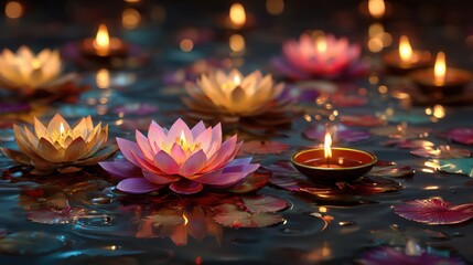 Lotus flowers in shades of pink and white float gracefully on still water illuminated by soft candlelight. This serene scene conveys peace and tranquility at night.