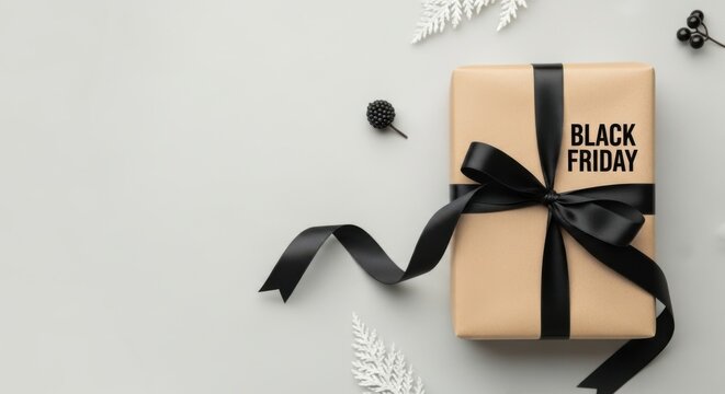 Black Friday Gift Box on Grey Background with Festive Decor