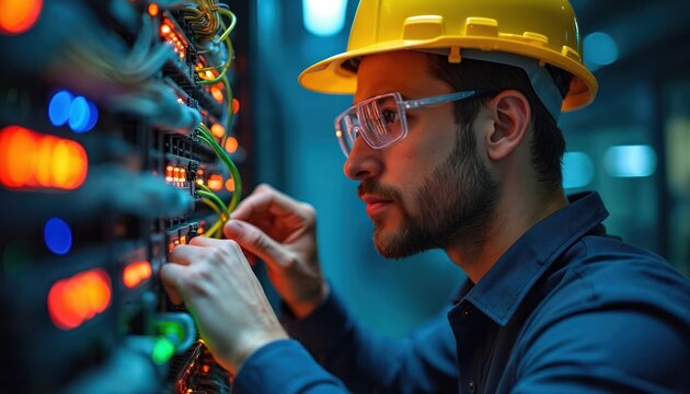 professional in yellow hard hat, safety glasses works with server rack equipment. Engineer connects fiber optic cables in modern data center room. Technician fixes complex network systems, ensures