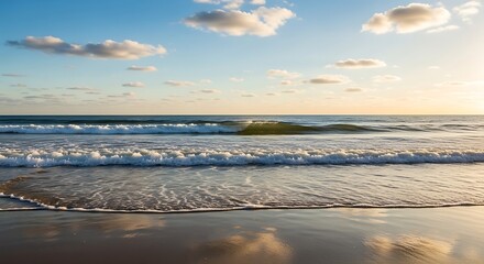 A serene ocean scene, waves gently rolling toward shore under a partly cloudy sky at sunset. The beach reflects the golden light