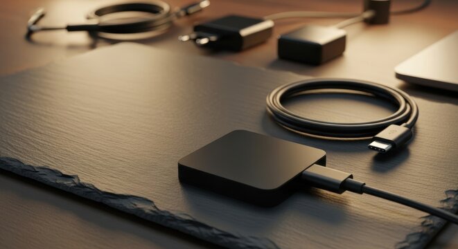 Technology setup with sleek black USB-C hub and cords on desk