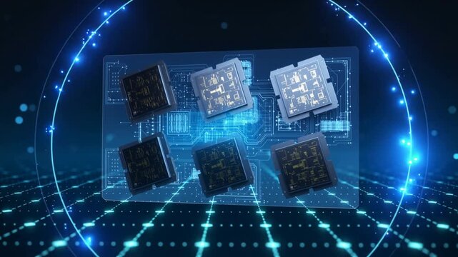 Microchip Assembly: A close-up showcases a collection of intricately designed microchips arranged, depicting the cutting-edge of technological innovation.