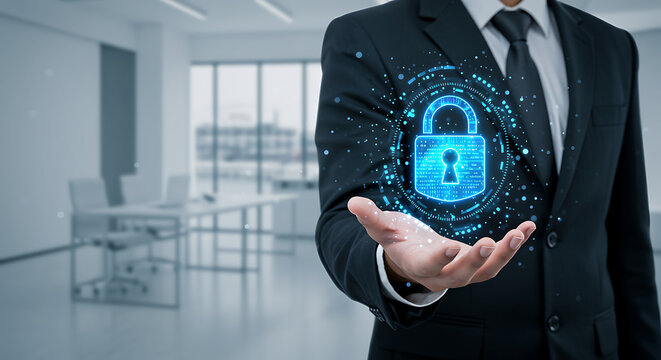 Businessman in suit holding a glowing digital padlock icon representing cybersecurity data protection and network security concept in a modern office environment